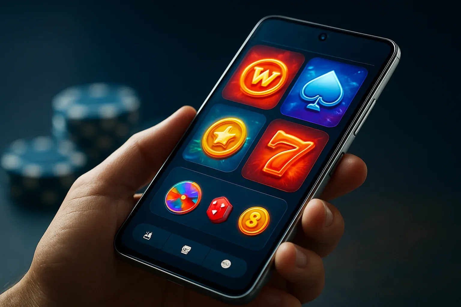 Hyperrealistic flagship Android phone showing vivid casino app interface, studio lighting