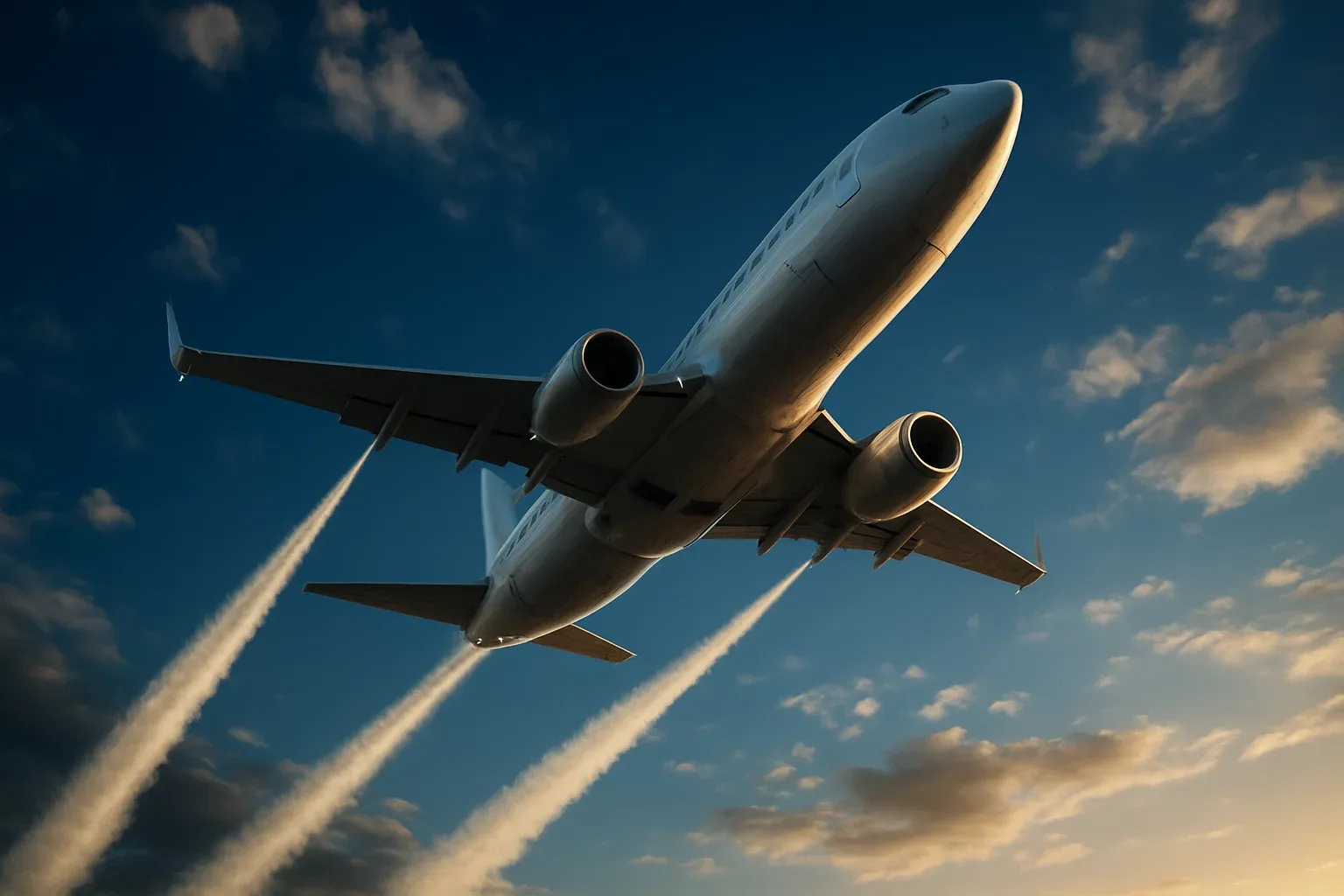 Hyperrealistic white jet climbing steeply in deep blue sky with contrails