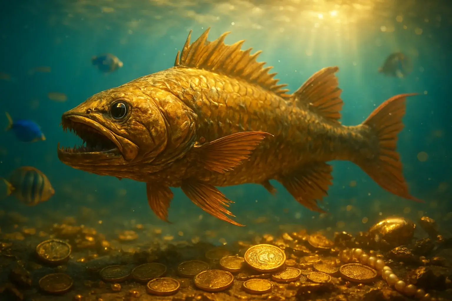 Hyperrealistic underwater golden dragon fish surrounded by glowing coins and treasure