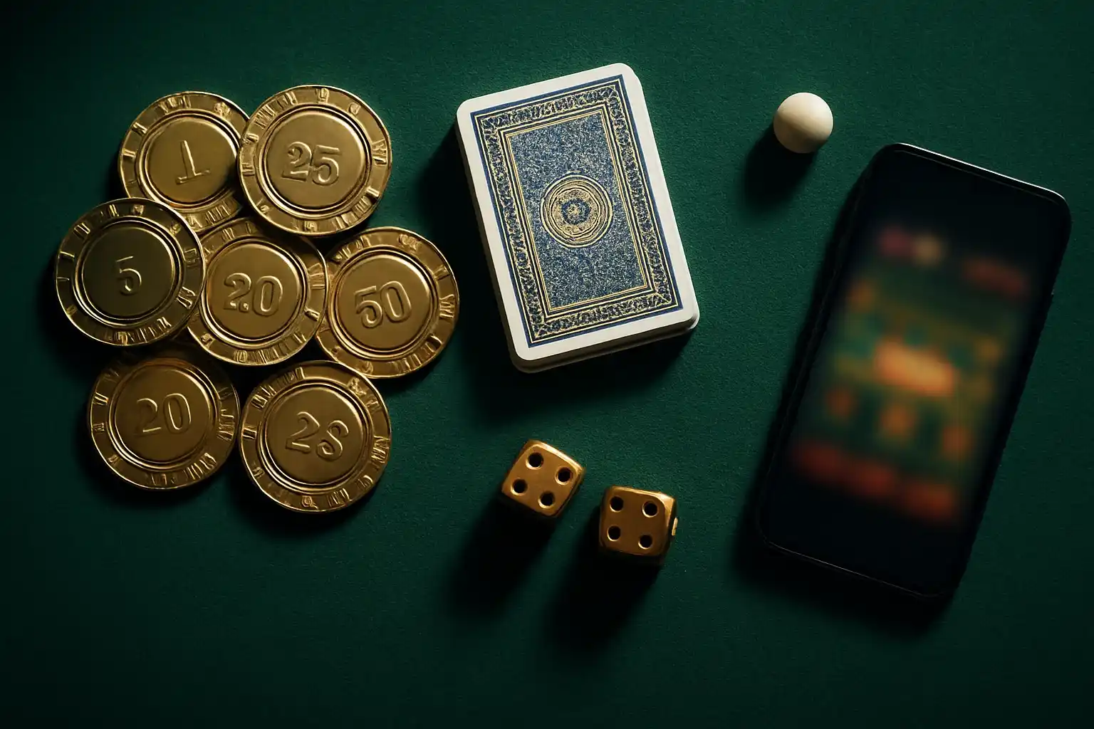 Top-down casino table with gold chips, cards, dice, roulette ball, smartphone