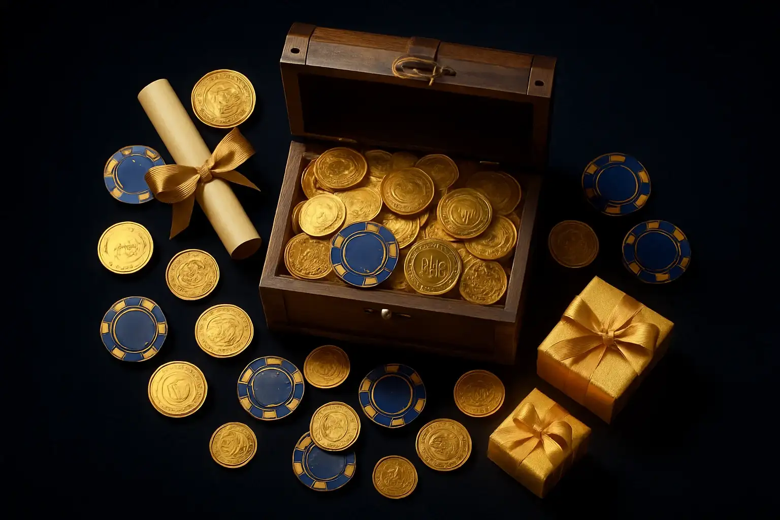 Overflowing treasure chest with gold coins, casino chips, vouchers, glowing gift boxes