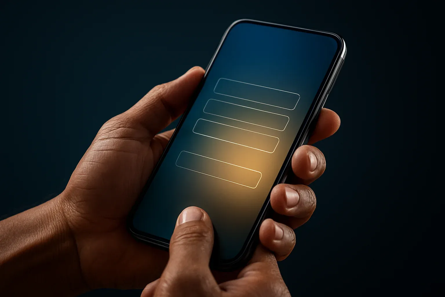Filipino man hands holding smartphone with blurred registration form, blue gold glow