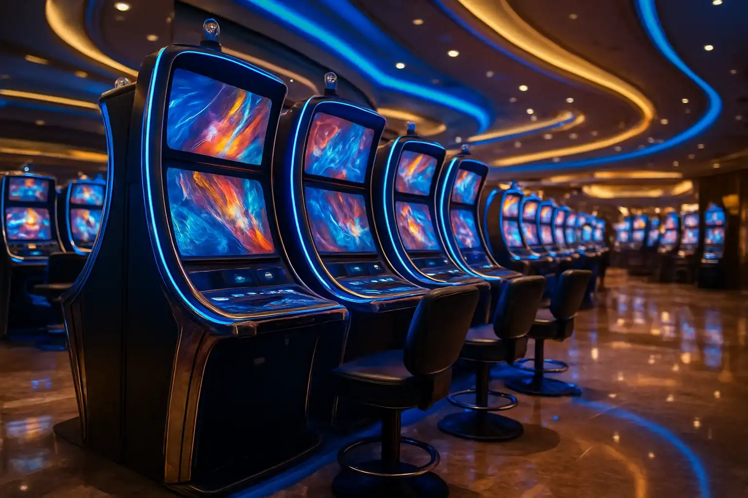 Hyperrealistic wide shot of premium Manila casino slots floor at night
