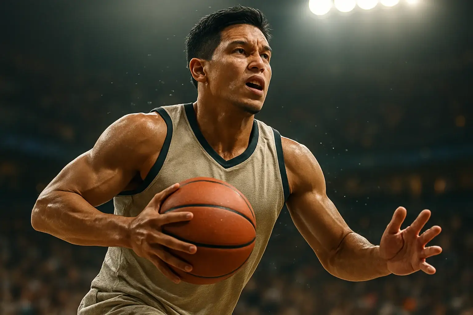 Filipino PBA basketball player mid-air power drive, dramatic arena lights